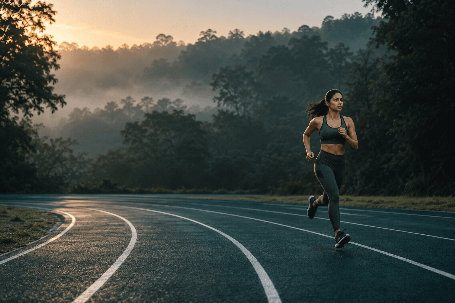 An athlete running on a forest track in the morning light